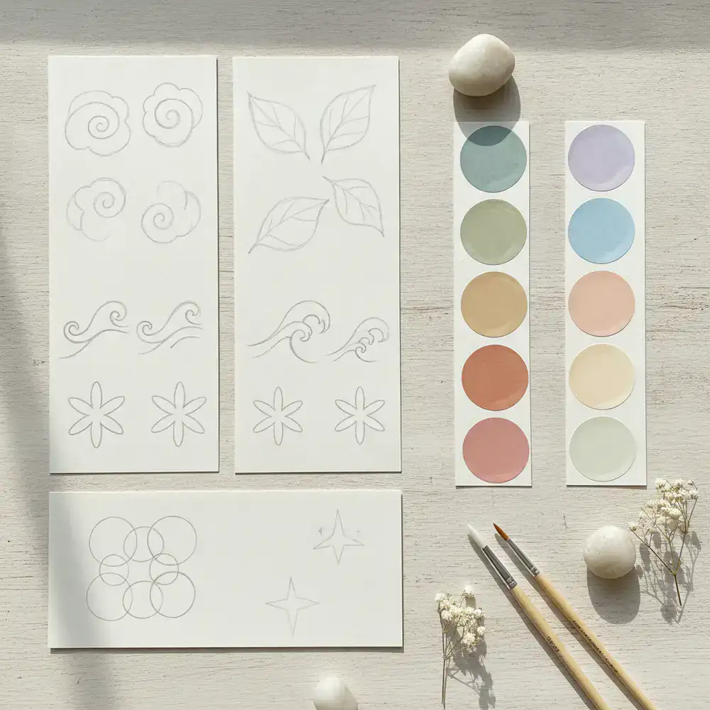 Initial sketches and color palettes for the memory game cards