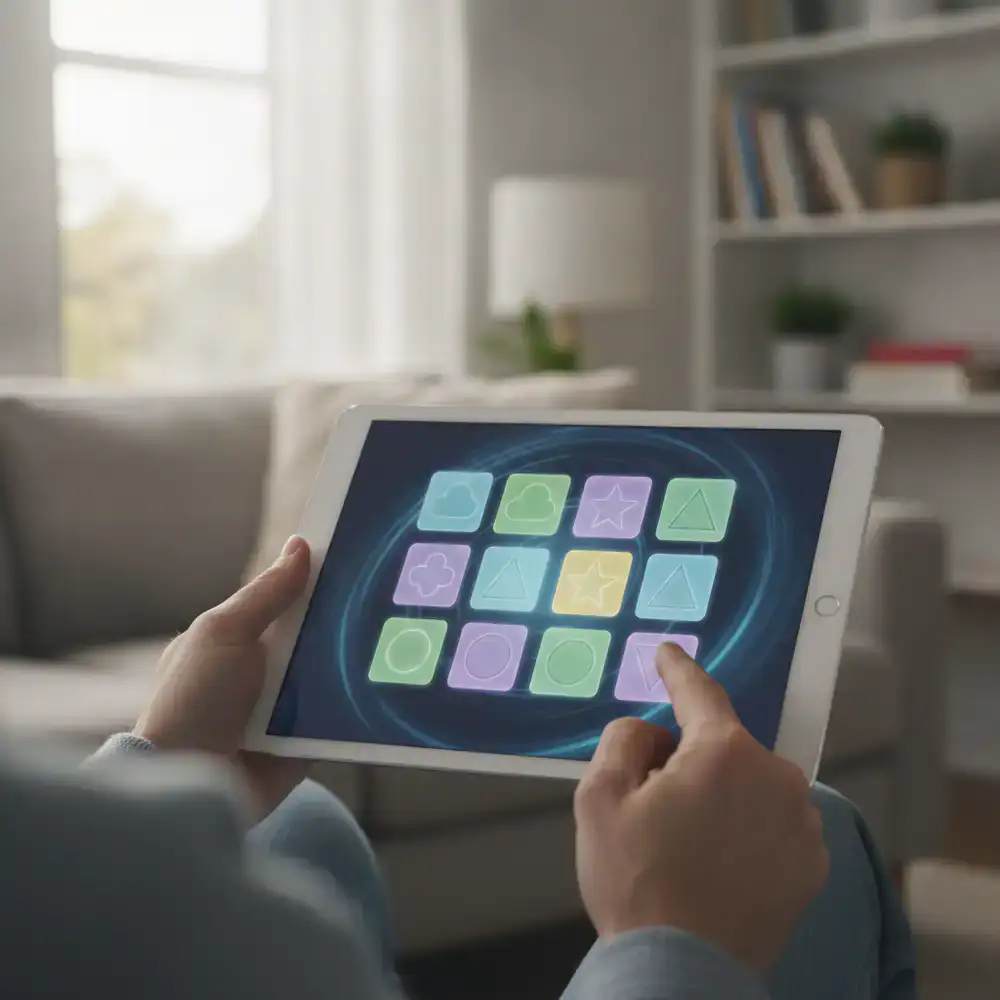 A casual setting showing a digital memory puzzle game interface on a tablet