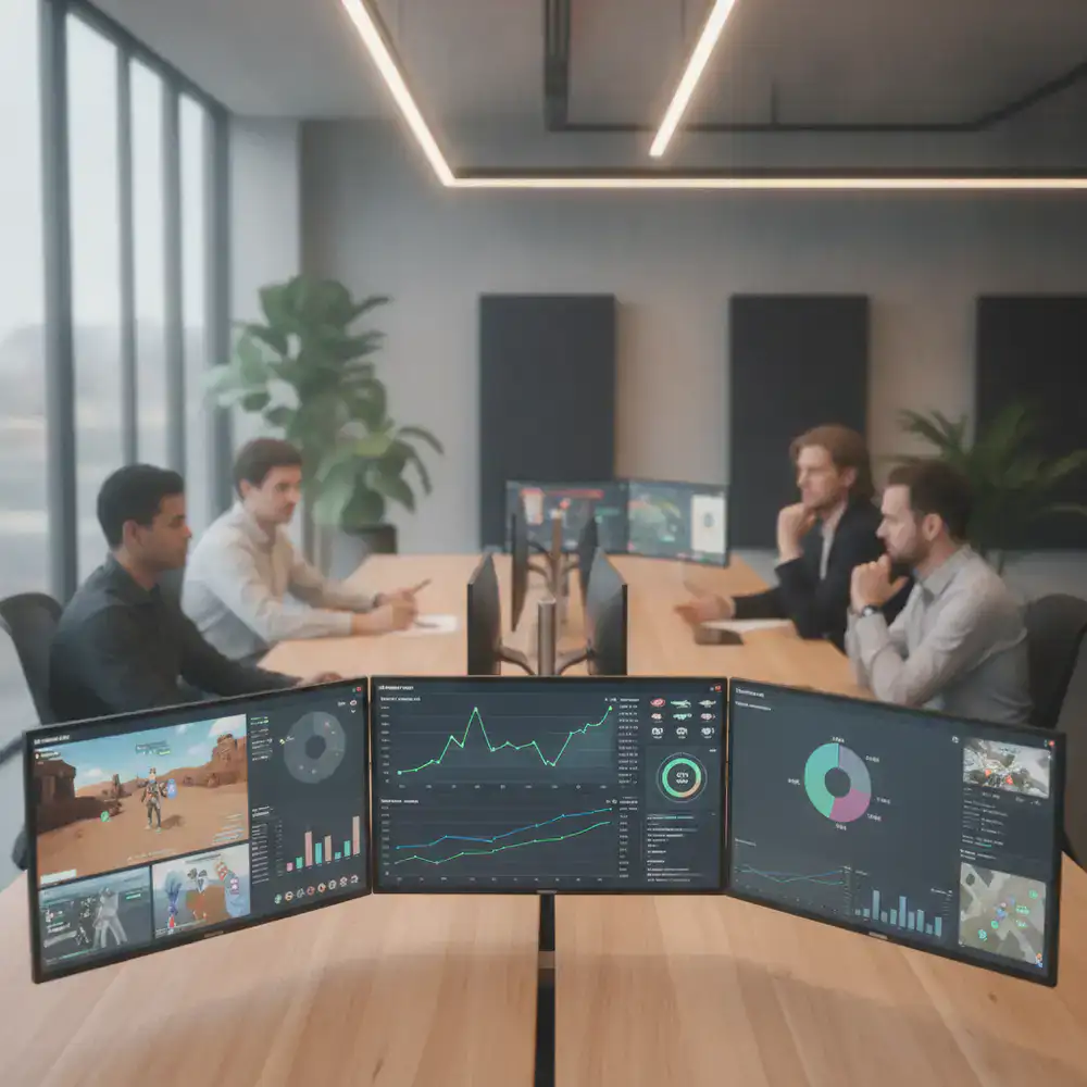 Developers reviewing gameplay metrics and visual feedback on multiple screens