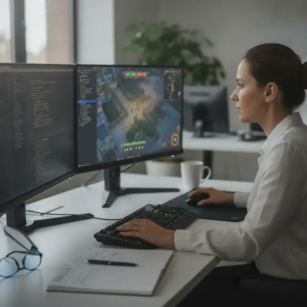Quality assurance engineer reviewing code and game interface on dual monitors